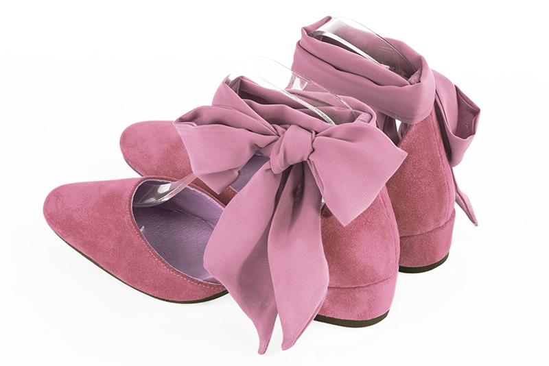 Carnation pink women's open side shoes, with a strap around the ankle. Round toe. Low block heels. Rear view - Florence KOOIJMAN